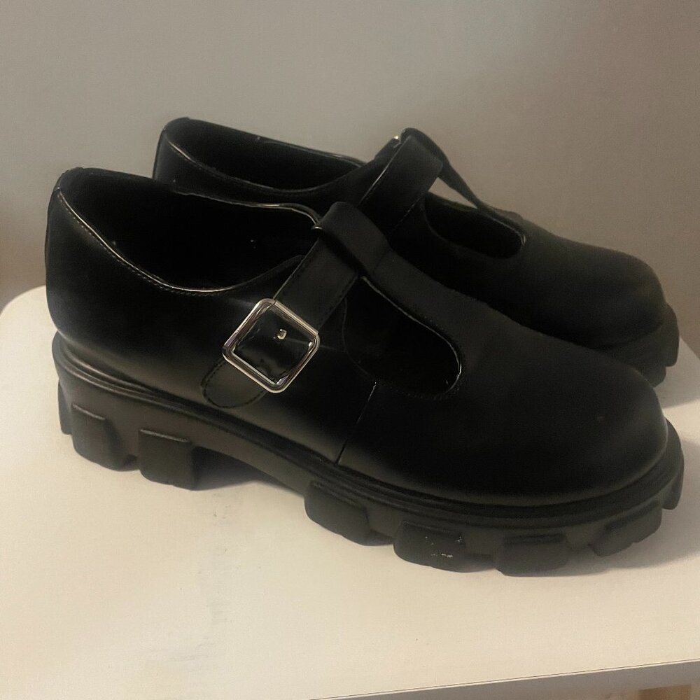 Fashion Black Vegan Leather Platform Mary Jane Shoes - Men Size 7 (Woman's 9)